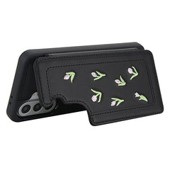 For Samsung Galaxy S25+ / S24+ Case Embroidered Tulips PU Leather Card Holder Back Cover with Shoulder Strap / Wrist Strap