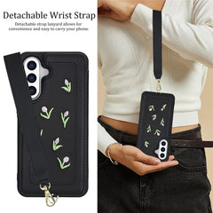 For Samsung Galaxy S25+ / S24+ Case Embroidered Tulips PU Leather Card Holder Back Cover with Shoulder Strap / Wrist Strap