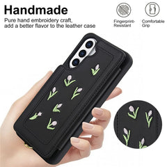 For Samsung Galaxy S25+ / S24+ Case Embroidered Tulips PU Leather Card Holder Back Cover with Shoulder Strap / Wrist Strap