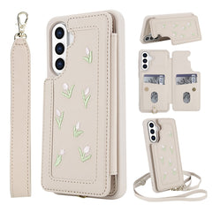 For Samsung Galaxy S25+ / S24+ Case Embroidered Tulips PU Leather Card Holder Back Cover with Shoulder Strap / Wrist Strap