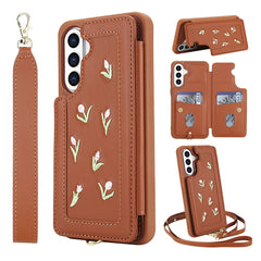 For Samsung Galaxy S25+ / S24+ Case Embroidered Tulips PU Leather Card Holder Back Cover with Shoulder Strap / Wrist Strap