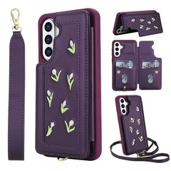 For Samsung Galaxy S25+ / S24+ Case Embroidered Tulips PU Leather Card Holder Back Cover with Shoulder Strap / Wrist Strap