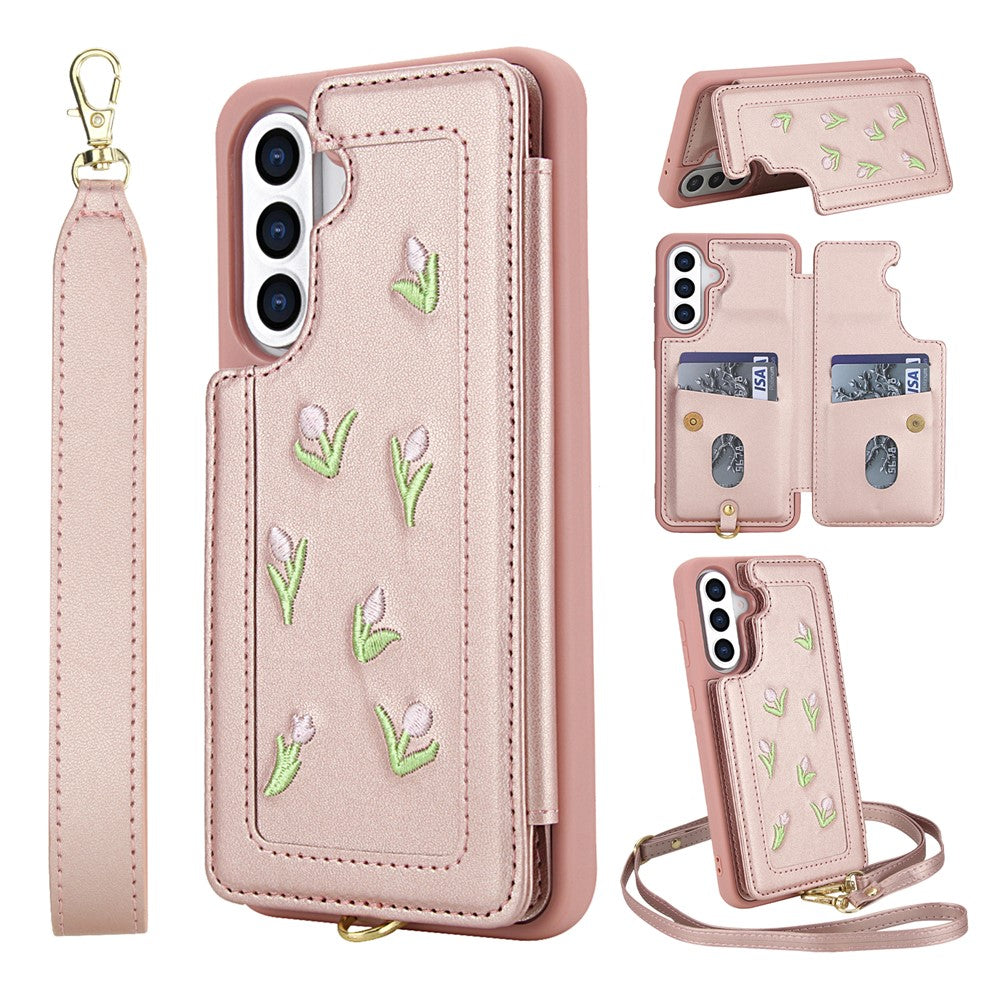 For Samsung Galaxy S25+ / S24+ Case Embroidered Tulips PU Leather Card Holder Back Cover with Shoulder Strap / Wrist Strap