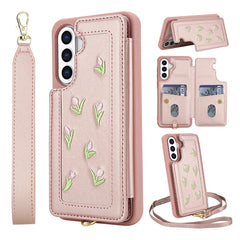 For Samsung Galaxy S25+ / S24+ Case Embroidered Tulips PU Leather Card Holder Back Cover with Shoulder Strap / Wrist Strap