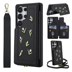 For Samsung Galaxy S25 Ultra Case Embroidered Tulips PU Leather Card Holder Back Cover with Shoulder Strap / Wrist Strap
