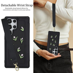 For Samsung Galaxy S25 Ultra Case Embroidered Tulips PU Leather Card Holder Back Cover with Shoulder Strap / Wrist Strap