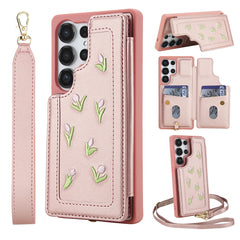 For Samsung Galaxy S25 Ultra Case Embroidered Tulips PU Leather Card Holder Back Cover with Shoulder Strap / Wrist Strap