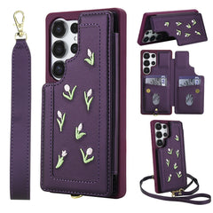 For Samsung Galaxy S25 Ultra Case Embroidered Tulips PU Leather Card Holder Back Cover with Shoulder Strap / Wrist Strap