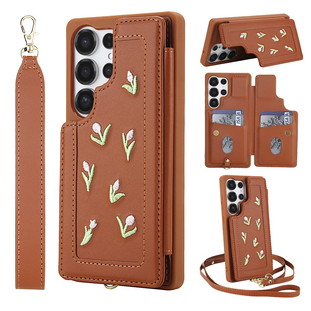 For Samsung Galaxy S25 Ultra Case Embroidered Tulips PU Leather Card Holder Back Cover with Shoulder Strap / Wrist Strap