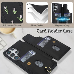 For Samsung Galaxy S24 Ultra Case Embroidered Tulips PU Leather Card Holder Back Cover with Shoulder Strap / Wrist Strap