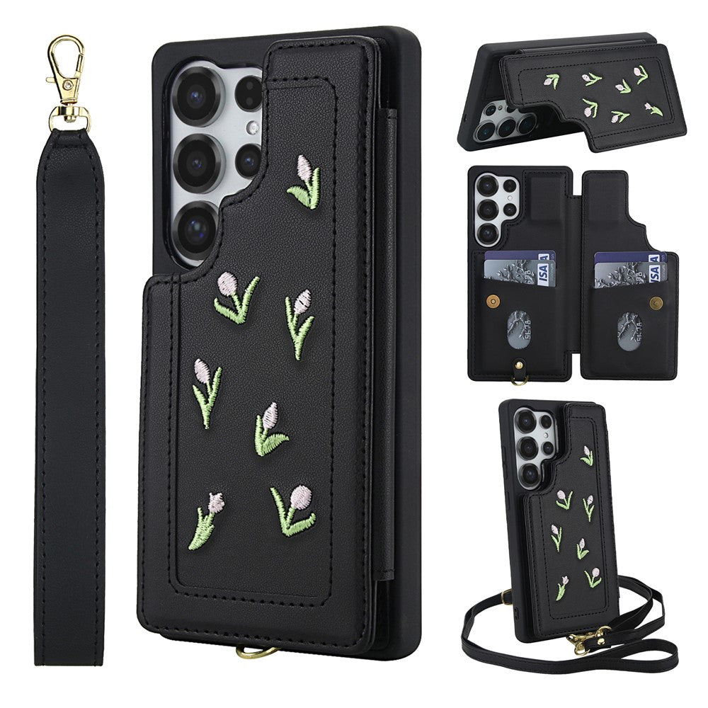 For Samsung Galaxy S24 Ultra Case Embroidered Tulips PU Leather Card Holder Back Cover with Shoulder Strap / Wrist Strap - TechGearPal