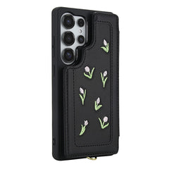 For Samsung Galaxy S24 Ultra Case Embroidered Tulips PU Leather Card Holder Back Cover with Shoulder Strap / Wrist Strap