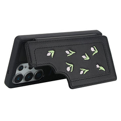 For Samsung Galaxy S24 Ultra Case Embroidered Tulips PU Leather Card Holder Back Cover with Shoulder Strap / Wrist Strap