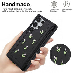 For Samsung Galaxy S24 Ultra Case Embroidered Tulips PU Leather Card Holder Back Cover with Shoulder Strap / Wrist Strap