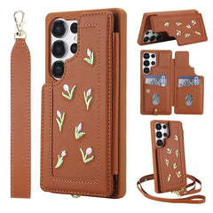 For Samsung Galaxy S24 Ultra Case Embroidered Tulips PU Leather Card Holder Back Cover with Shoulder Strap / Wrist Strap
