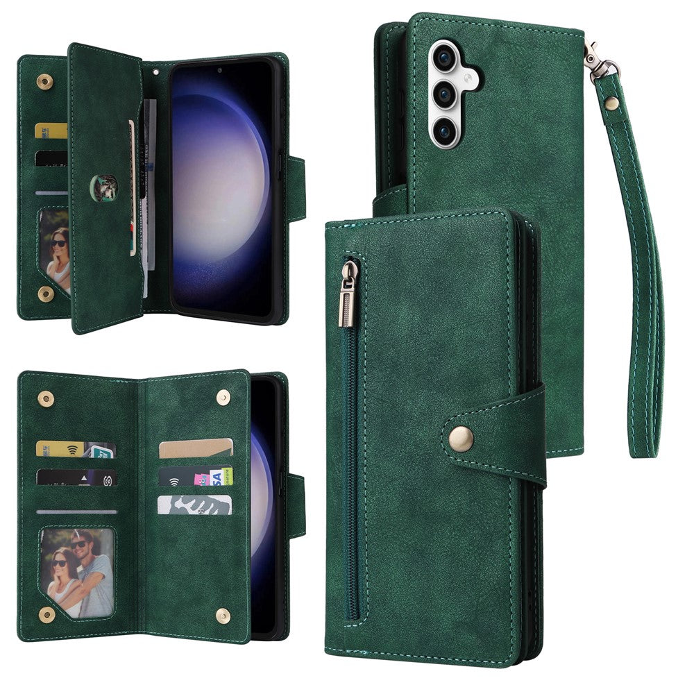 For Samsung Galaxy S25 FE Case Zipper Wallet Rivet Decor Leather Phone Cover with Wrist Strap - TechGearPal