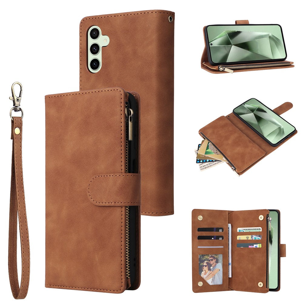 Étui portefeuille en cuir avec fermeture éclair et plusieurs emplacements pour cartes pour Samsung Galaxy S25 FE, avec dragonne 