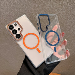 For Samsung Galaxy S25 Ultra Case Compatible with MagSafe PC + TPU Clear Phone Cover with Diamond Texture Lens Frame
