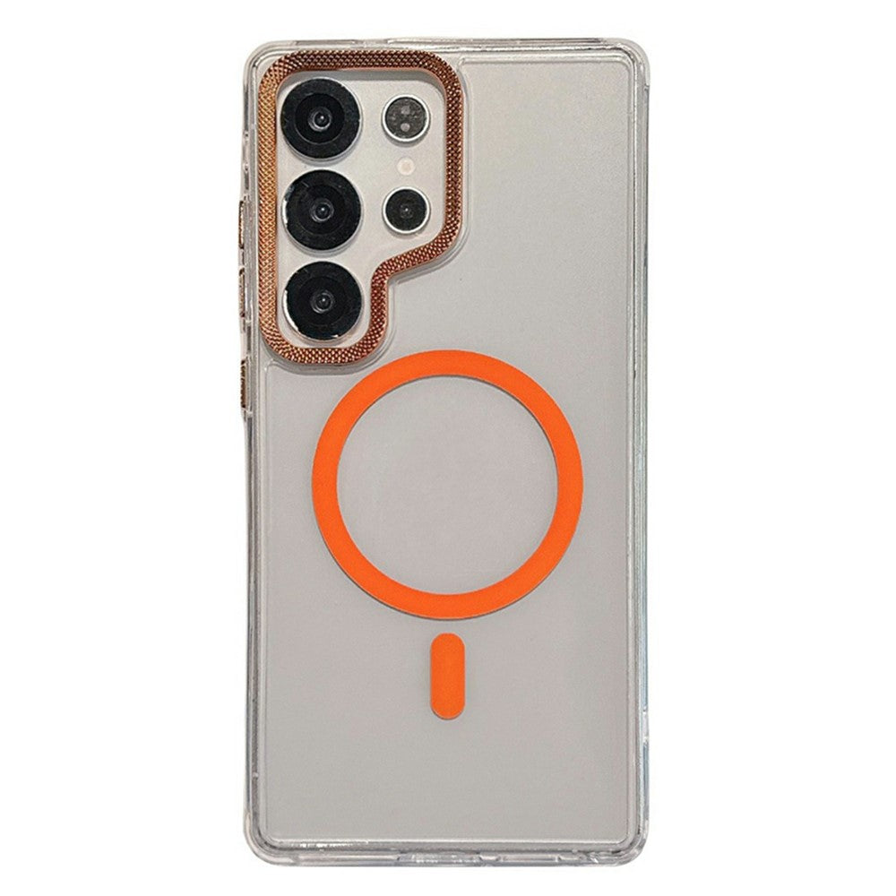 For Samsung Galaxy S24 Ultra Magnetic Case PC + TPU Clear Phone Cover with Diamond Texture Lens Frame