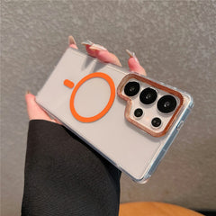 For Samsung Galaxy S24 Ultra Case Compatible with MagSafe PC + TPU Clear Phone Cover with Diamond Texture Lens Frame