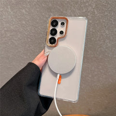 For Samsung Galaxy S24 Ultra Case Compatible with MagSafe PC + TPU Clear Phone Cover with Diamond Texture Lens Frame
