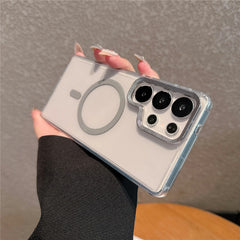 For Samsung Galaxy S24 Ultra Case Compatible with MagSafe PC + TPU Clear Phone Cover with Diamond Texture Lens Frame