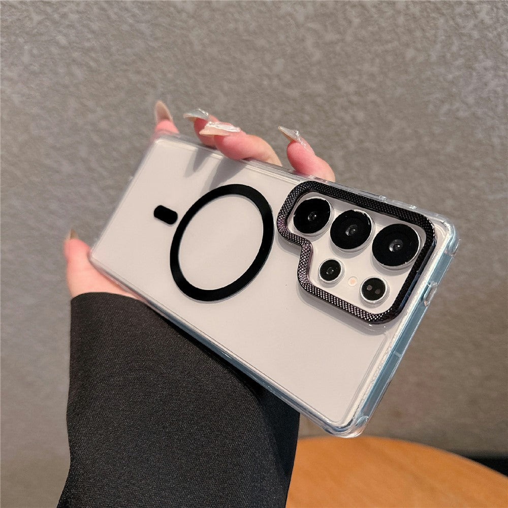 For Samsung Galaxy S24 Ultra Case Compatible with MagSafe PC + TPU Clear Phone Cover with Diamond Texture Lens Frame