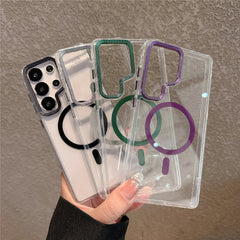 For Samsung Galaxy S23 Ultra Case Compatible with MagSafe PC + TPU Clear Phone Cover with Diamond Texture Lens Frame