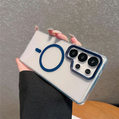 For Samsung Galaxy S23 Ultra Case Compatible with MagSafe PC + TPU Clear Phone Cover with Diamond Texture Lens Frame