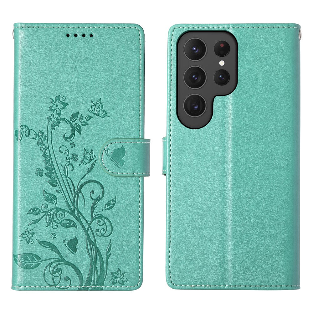 Étui portefeuille en cuir PU avec dragonne pour Samsung Galaxy S25 Ultra, motif papillon et fleurs 
