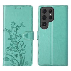 For Samsung Galaxy S25 Ultra Wallet Case Butterfly Floral Imprint PU Leather Phone Cover with Wrist Strap