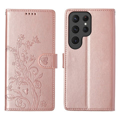 For Samsung Galaxy S25 Ultra Wallet Case Butterfly Floral Imprint PU Leather Phone Cover with Wrist Strap