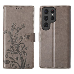 For Samsung Galaxy S25 Ultra Wallet Case Butterfly Floral Imprint PU Leather Phone Cover with Wrist Strap