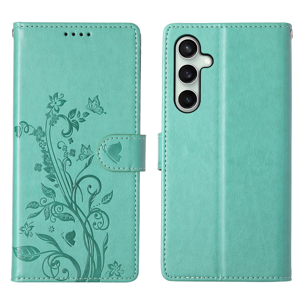 For Samsung Galaxy S25 FE Wallet Case Butterfly Floral Imprint PU Leather Phone Cover with Wrist Strap - TechGearPal