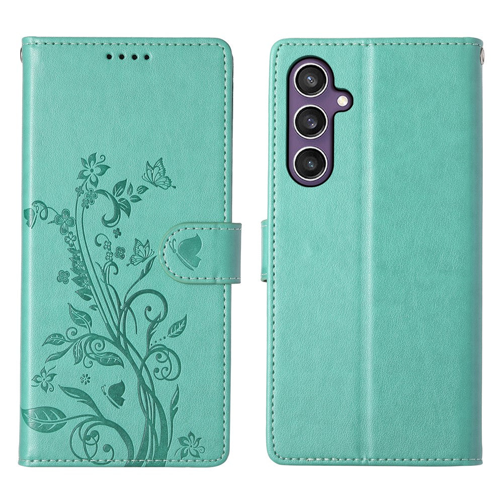 For Samsung Galaxy S25 Wallet Case Butterfly Floral Imprint PU Leather Phone Cover with Wrist Strap - TechGearPal
