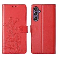 For Samsung Galaxy S25 Wallet Case Butterfly Floral Imprint PU Leather Phone Cover with Wrist Strap