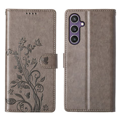 For Samsung Galaxy S25 Wallet Case Butterfly Floral Imprint PU Leather Phone Cover with Wrist Strap