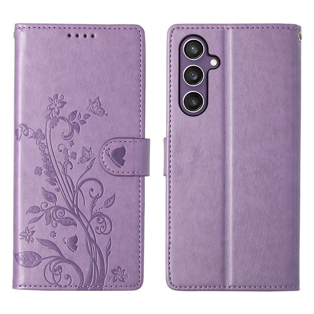For Samsung Galaxy S25 Wallet Case Butterfly Floral Imprint PU Leather Phone Cover with Wrist Strap