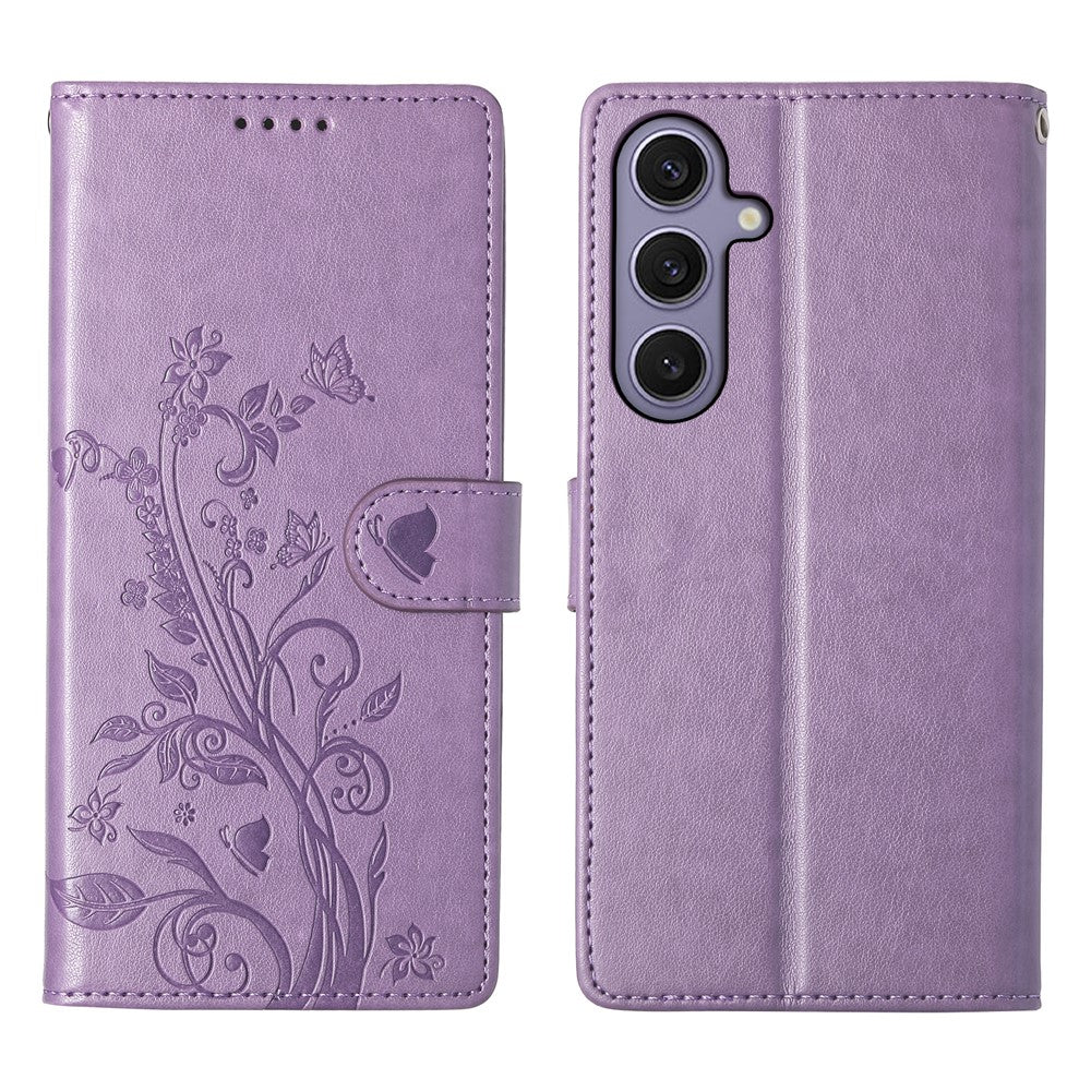 For Samsung Galaxy S25+ Wallet Case Butterfly Floral Imprint PU Leather Phone Cover with Wrist Strap