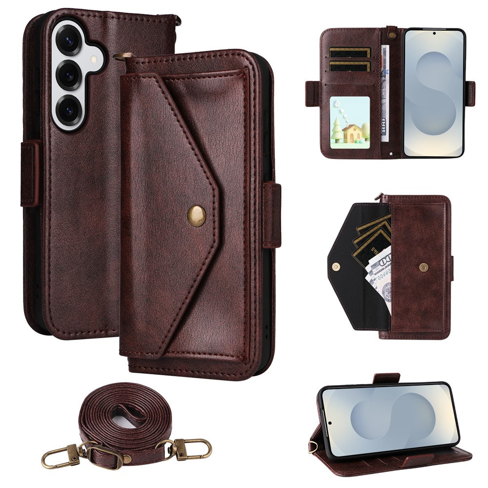 Für Samsung Galaxy S25 Ledertasche Magnetverschluss Brieftasche Stand Telefonabdeckung mit Umhängegurt 