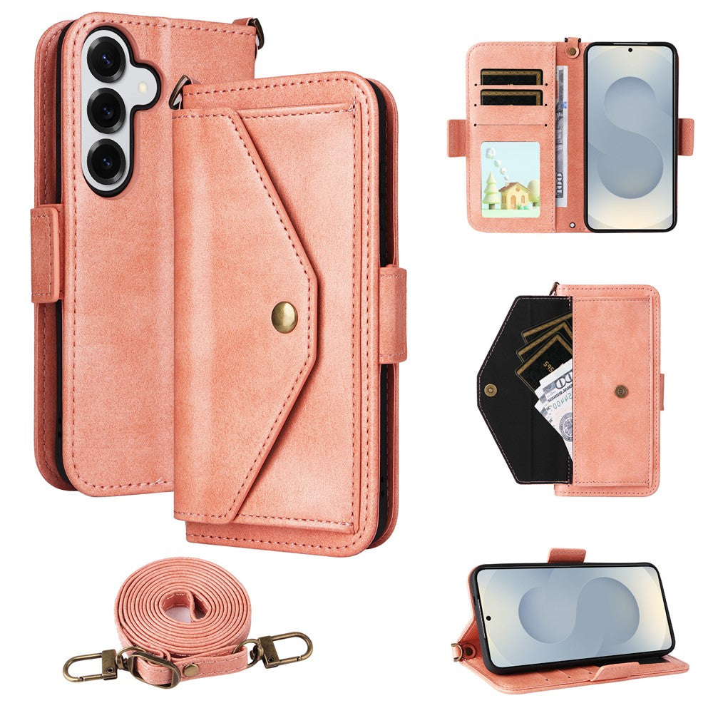 For Samsung Galaxy S25+ Leather Case Magnetic Closure Wallet Stand Phone Cover with Crossbody Strap - TechGearPal