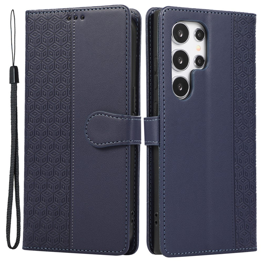 For Samsung Galaxy S25 Ultra Case Splicing Imprinted Rhombus Leather Phone Cover with Wrist Strap