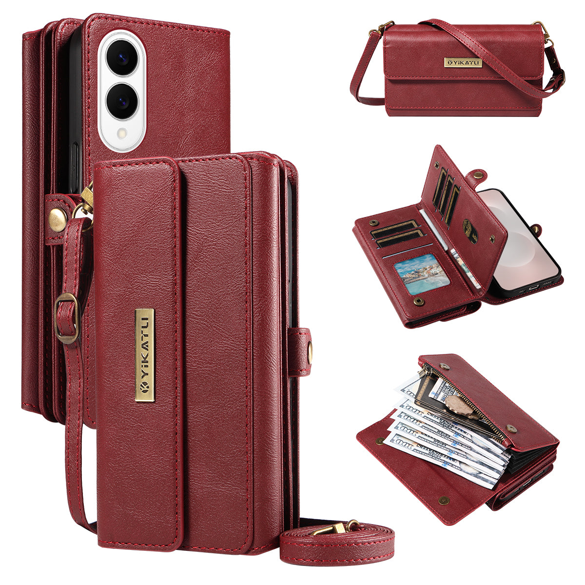 For Samsung Galaxy S25 Edge Case YIKATU YK-008 Zipper Wallet Leather Phone Cover with Shoulder Strap