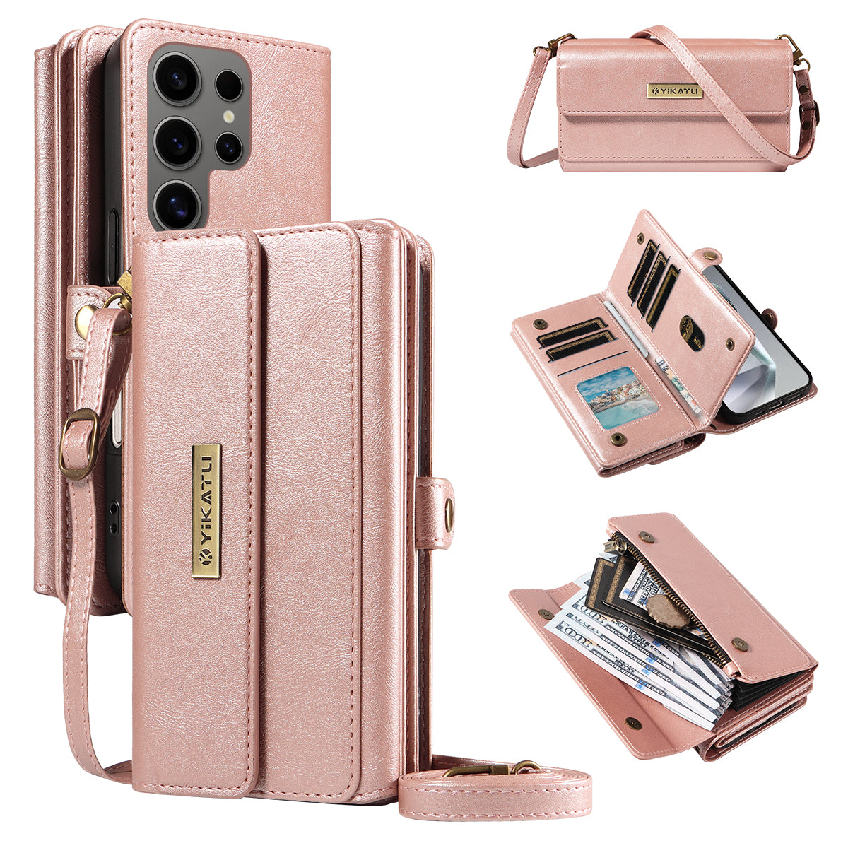 For Samsung Galaxy S24 Ultra Case YIKATU YK-008 Zipper Wallet Leather Phone Cover with Shoulder Strap