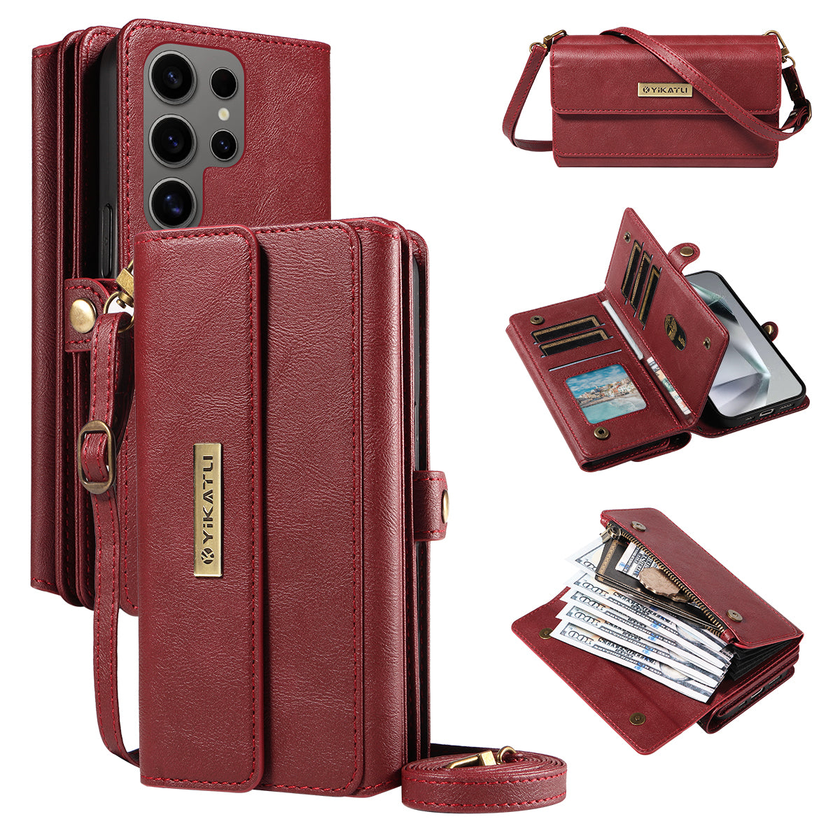 For Samsung Galaxy S24 Ultra Case YIKATU YK-008 Zipper Wallet Leather Phone Cover with Shoulder Strap