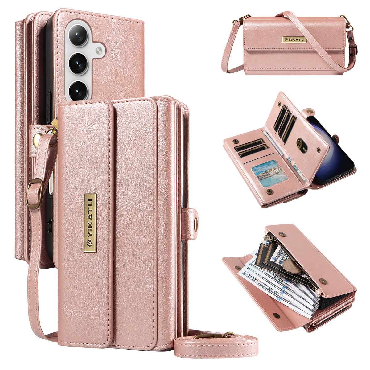 For Samsung Galaxy S25+ / Galaxy S24+ Case YIKATU YK-008 Zipper Wallet Leather Phone Cover with Shoulder Strap - TechGearPal
