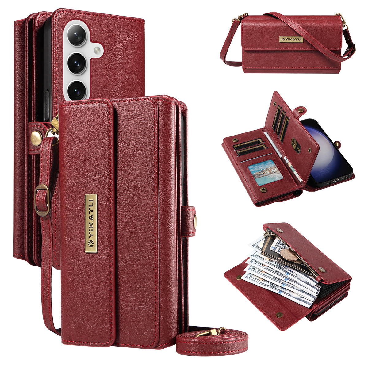 For Samsung Galaxy S25+ / Galaxy S24+ Case YIKATU YK-008 Zipper Wallet Leather Phone Cover with Shoulder Strap