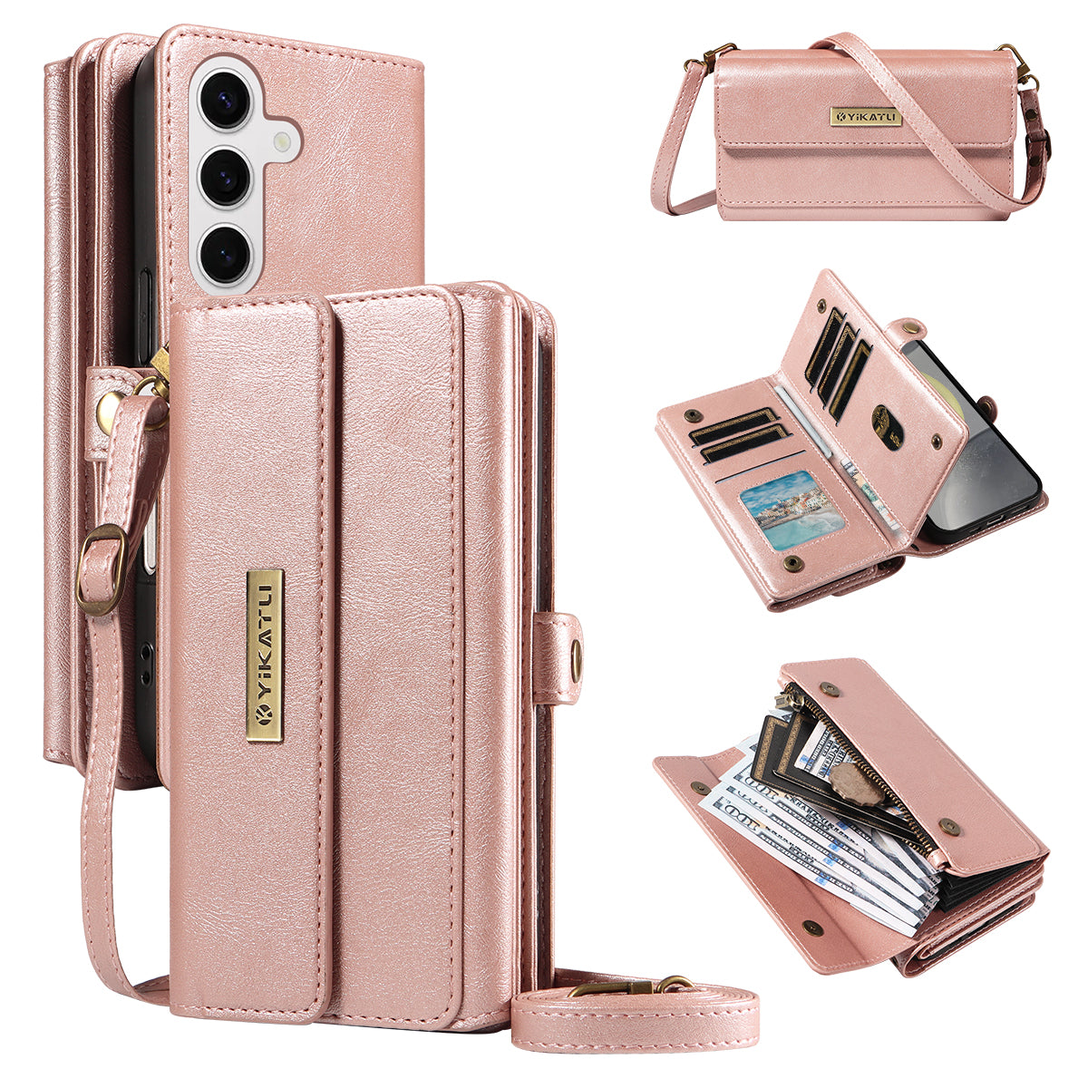 For Samsung Galaxy S25 / Galaxy S24 Case YIKATU YK-008 Zipper Wallet Leather Phone Cover with Shoulder Strap