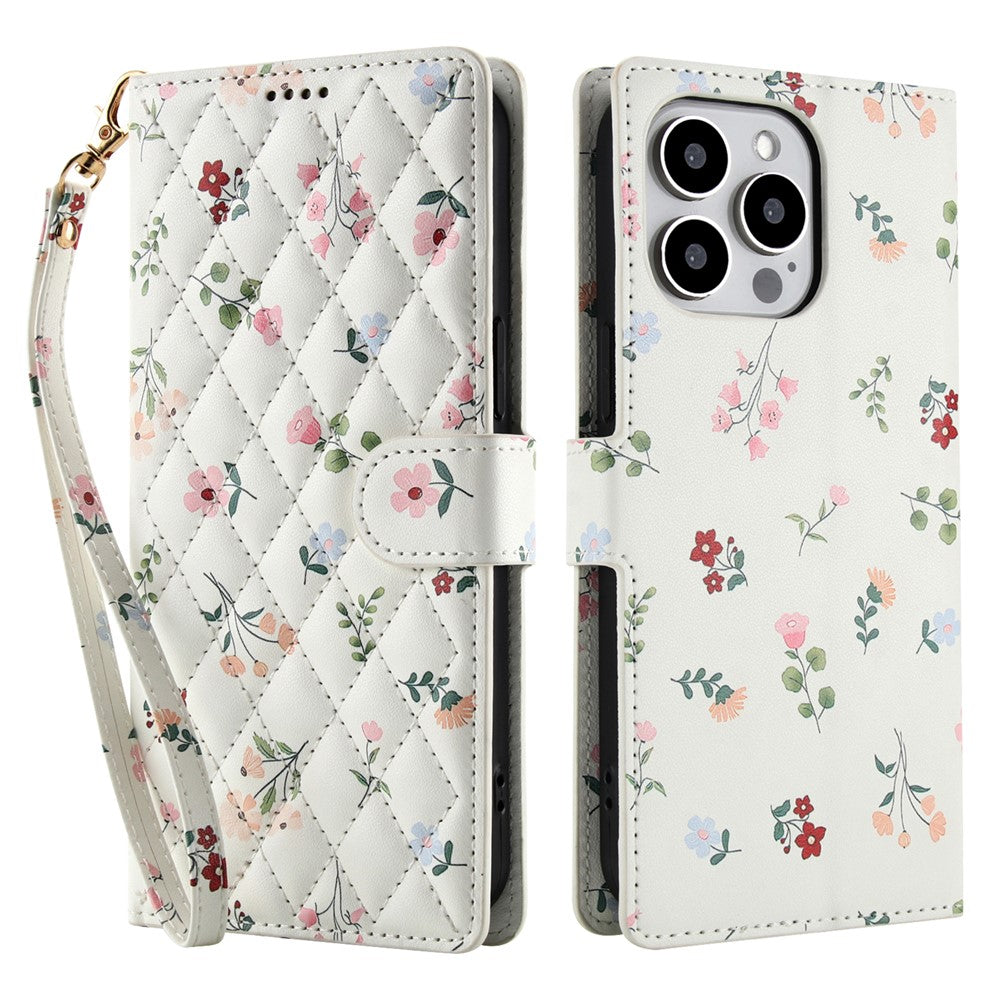 For iPhone 16 Pro Max Wallet Case Rhombic Floral Design Leather Flip Phone Cover with Strap - TechGearPal