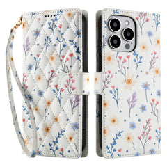 For iPhone 16 Pro Max Wallet Case Rhombic Floral Design Leather Flip Phone Cover with Strap